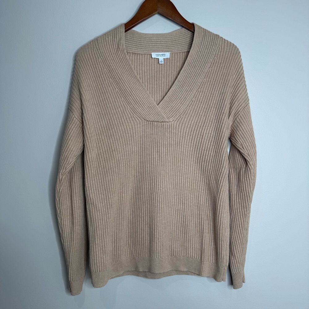 Haven Women’s‎ Tan Neutral Cotton Cashmere Blend Shawl Ribbed Chunky Sweater XS